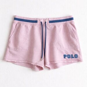 Polo Ralph Lauren Pink Terry Cloth Shorts Blue Logo Drawstring Casual Lounge Y2K